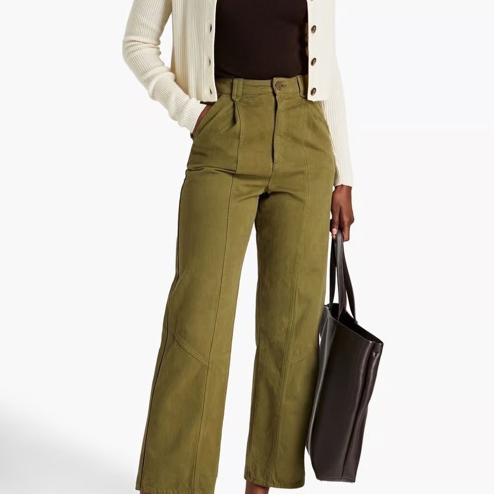 Sandro Sahara Khaki Cropped Wide Leg Pleated Cotton Pants Green